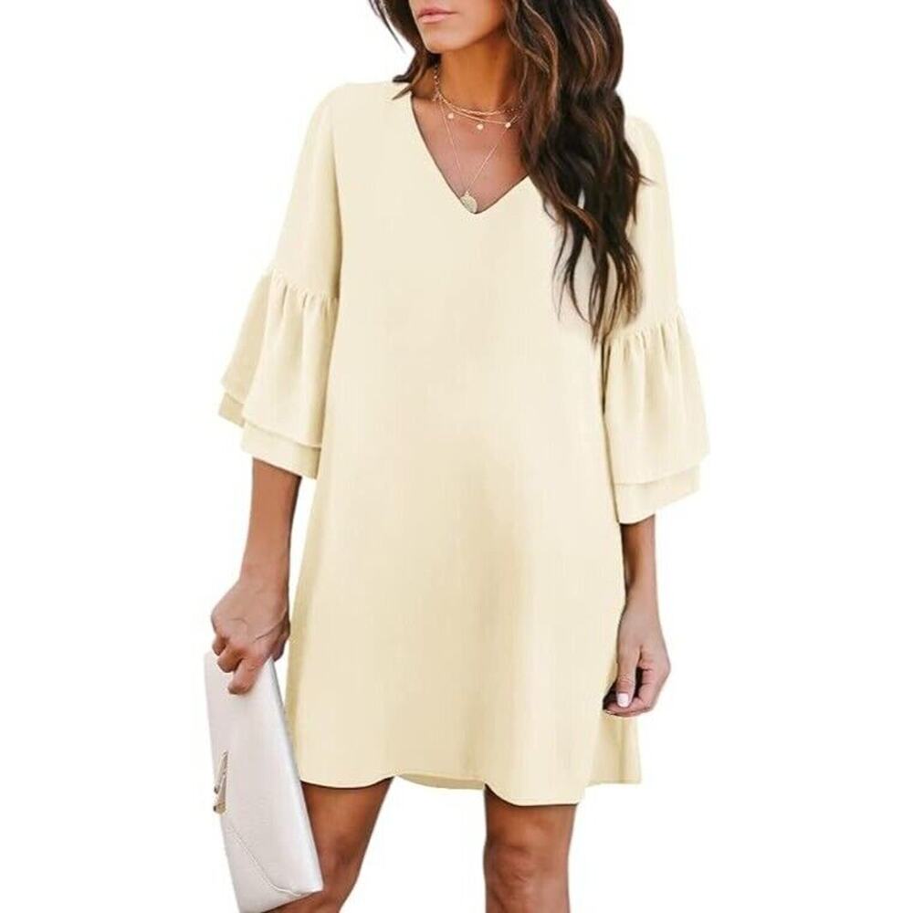 Belongsci Dress Womens L Ivory Chiffon Mini Shift V Neck Bell Sleeve Classic NEW